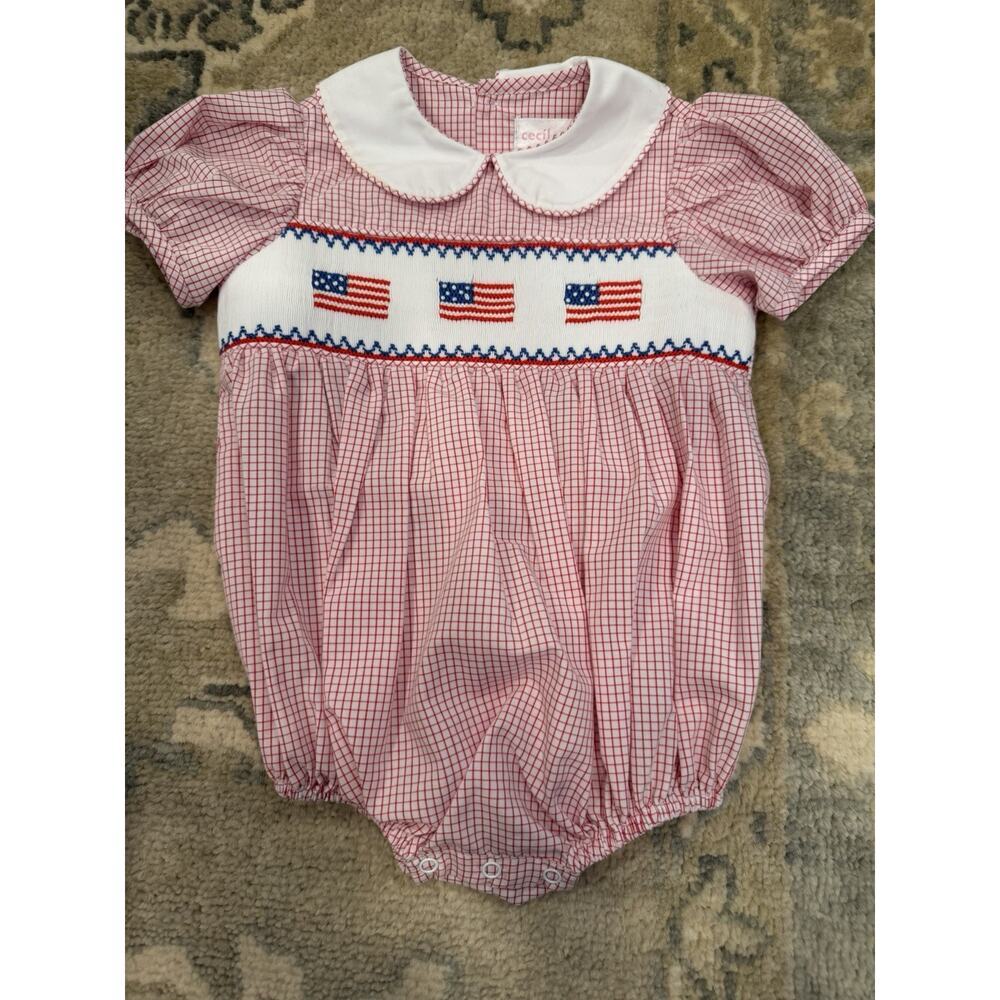 Cecil And Lou Smocked July Fourth Flag Baby Girl Bubble 12-18 Months NEW